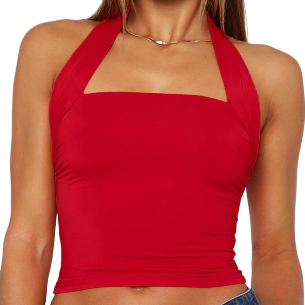 Y2K Red Halter Neck Backless Crop Top NEW